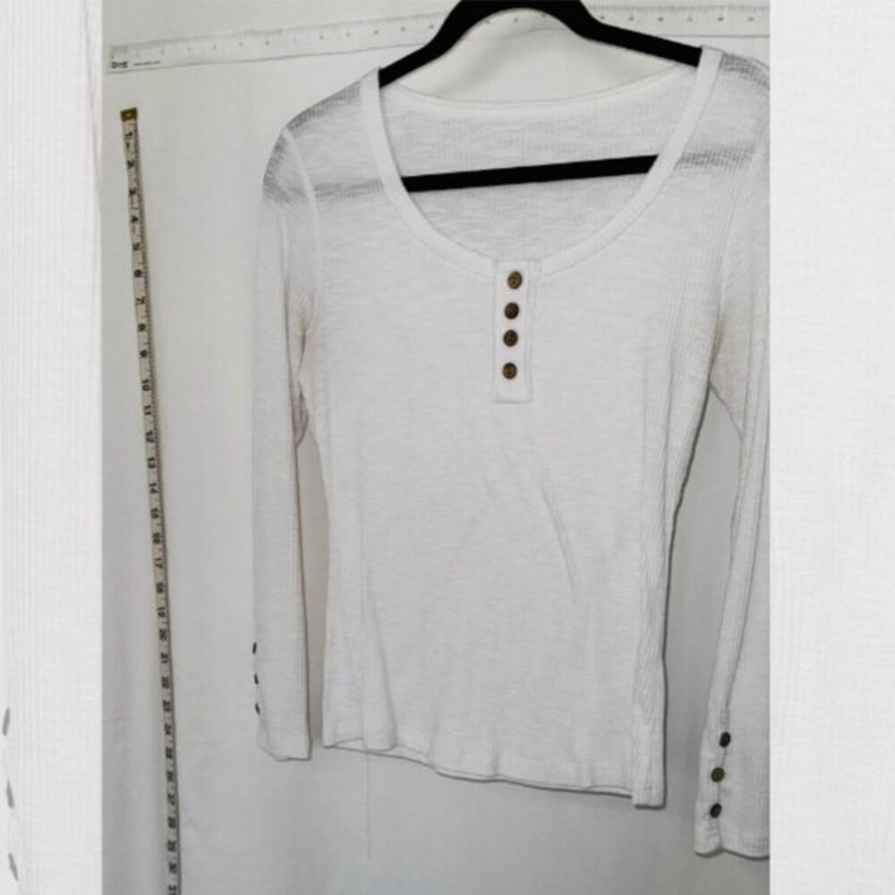 Womens Medium Stretch Regular Rib Knit Henley Long Sleeve Pullover T-Shirt White